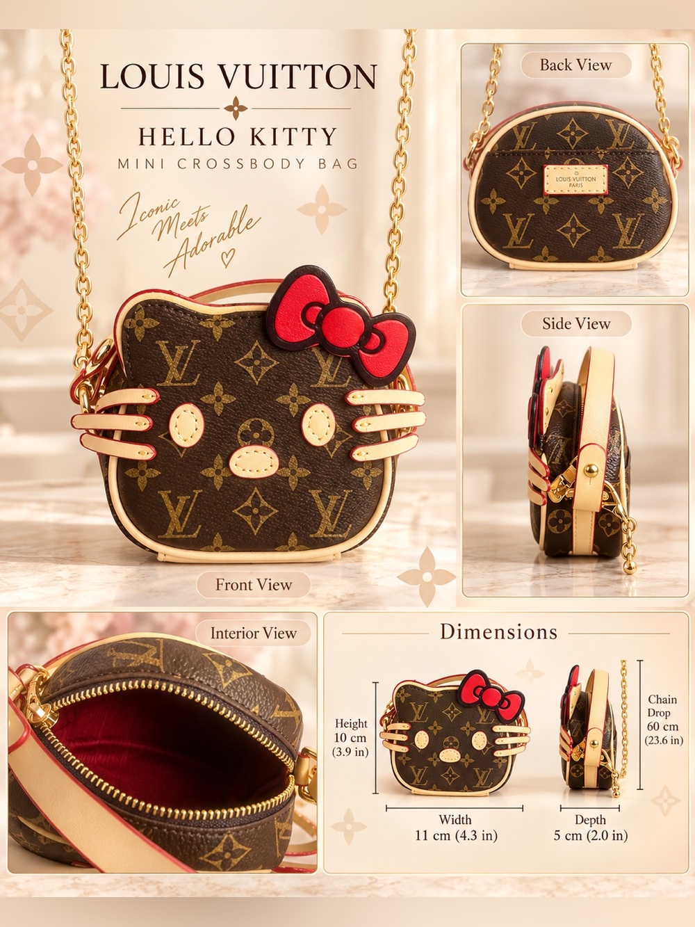 Hello Kitty Brown Monogram Crossbody Bag with Red Bow